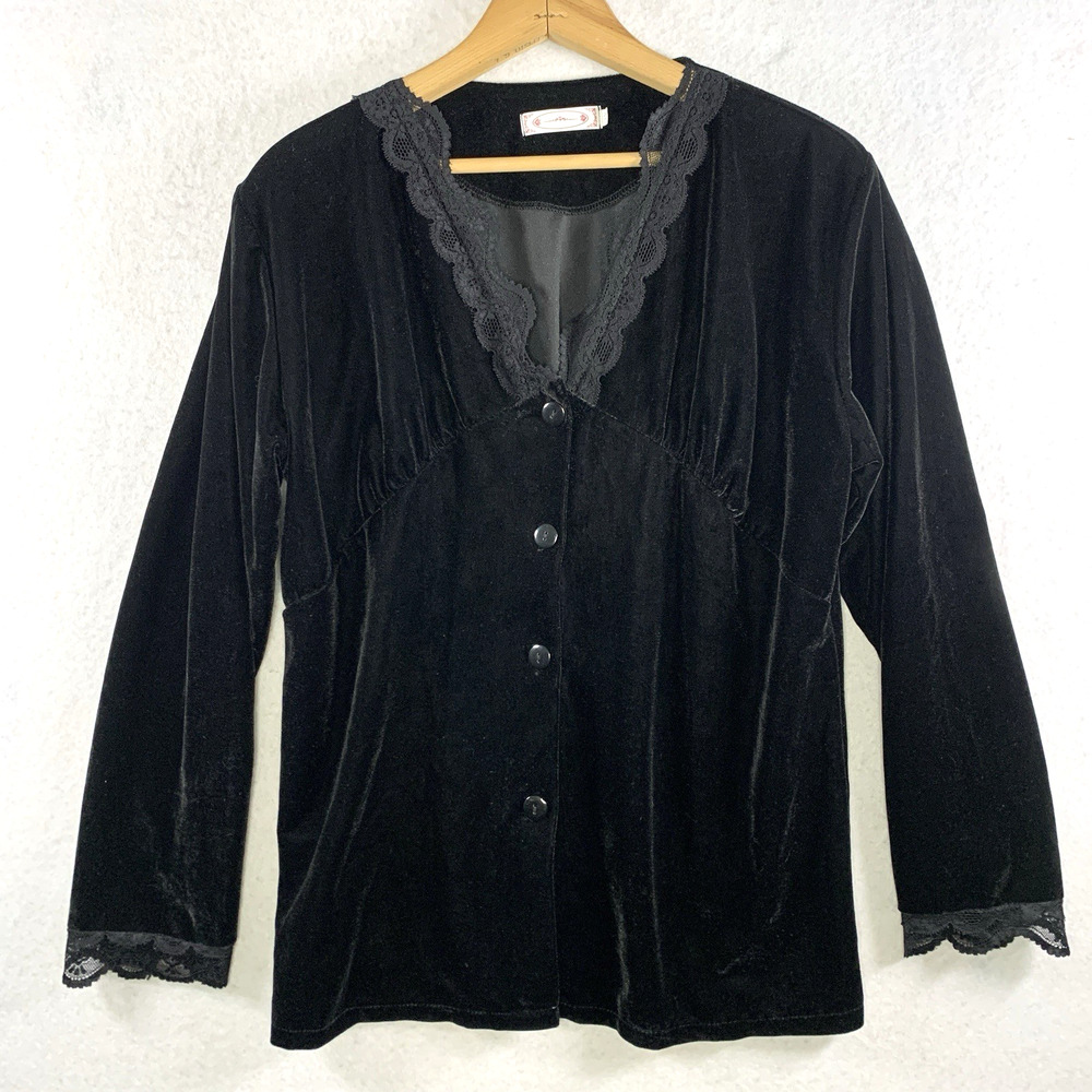 Women Velvet Babydoll Lace Button Top Sz XL Whimsigoth Dark Cottage Y2K Romantic